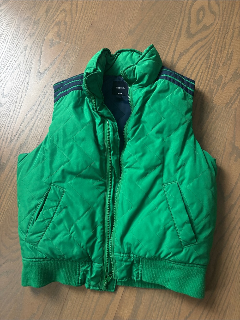 GAP Bright Green Quilted Puffer Vest with Navy Shoulder Stripes